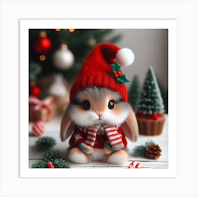 Cute Christmas Bunny In Christmas Hat Art Print