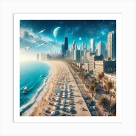 Cityscape With The Beach - Futuristic Art Art Print