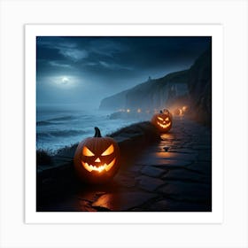 Ghostly Jack O Lanterns Glowing Eerily Beside A Winding Coastal Path Mist Hovering Over The Ocean (5) Art Print