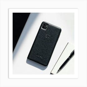 Leather Phone Case With A Textured Finish And Embossed Logo Matte Black Laid Beside An Open Notebo Art Print