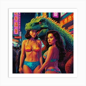 Retro Pop Godzilla with Two Asian Brunettes Art Print