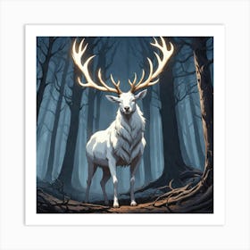 A White Stag In A Fog Forest In Minimalist Style Square Composition 42 Art Print