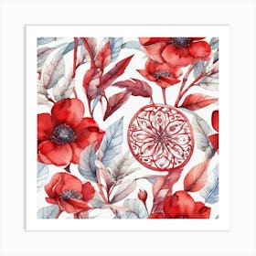 Red Poppy Watercolor Seamless Pattern Art Print