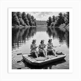 Eating Pasta on a Lake, Three Women On Raft, Funny Black and White Vintage Photo Art Print Art Print