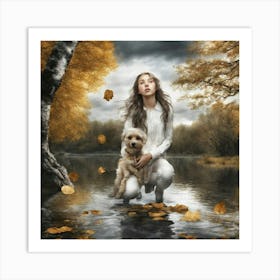 Autumn Girl With Dog Art Print