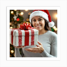 Happy Young Woman With Christmas Gift 1 Art Print