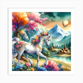 White Horse In The Forest Art Print