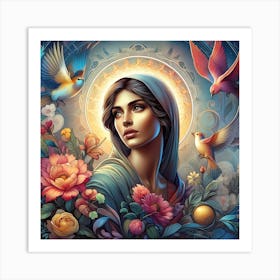 Beautiful Woman With Birds Art Print