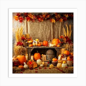 Autumn Harvest Scene Arranged Rustic Style Brimming With Seasonal Abundance Pumpkins Nestled Amon Art Print