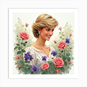 Princess Diana Smiling In A Soft Watercolor Garden Of Roses And Violets 1 Art Print