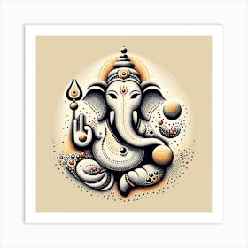 "Spiritual Dotscape: Ganesha's Serene Contemplation" - This exquisite portrayal of Lord Ganesha is crafted through the delicate art of pointillism, bringing a profound depth and texture to the piece. The warm beige background serves as a canvas for the divine form of Ganesha, rendered in a monochromatic palette with shades of black, white, and gray, punctuated by dots of red. The deity's gentle, introspective gaze is surrounded by an array of dots forming traditional symbols, invoking a sense of timeless wisdom and calm. This artwork is perfect for those seeking a powerful yet subtle spiritual presence in their surroundings. It combines the serenity of meditation with the intricacy of artisanal craftsmanship, making it a treasured addition to any home or sacred space. Art Print