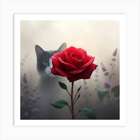 Cat And Rose Art Print