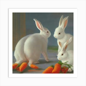 White Colour Rabbits Eating Carrots Adeline Yeo Art Print