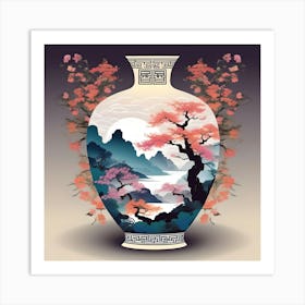 Flower Vase Decorated with Chinese, Turquoise, Coral, White and Pink Landscape Art Print