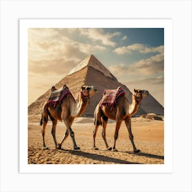 Camels In Front Of Pyramids Art Print