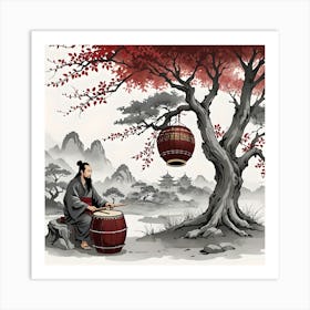 Chinese Landscape With Musician Under A Tree Playing Drum, Red, Black and White Art Print