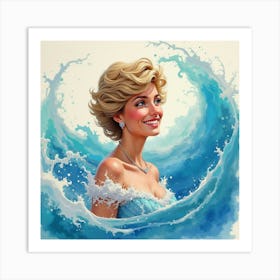 Princess Diana Smiling In A Fantasy World Of Colorful Watercolor Waves 1 Art Print