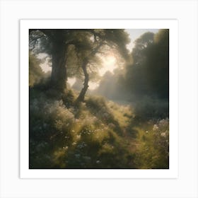 Sun Rising Over A Forest Art Print