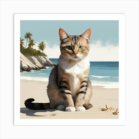 Minimal Art Cat Sitting On The Beach Art Print Art Print