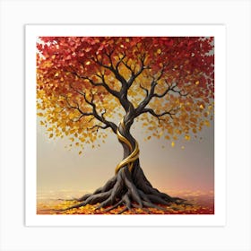 solid color gradient tree with golden leaves and twisted and intertwined branches 3D oil painting 8 Art Print