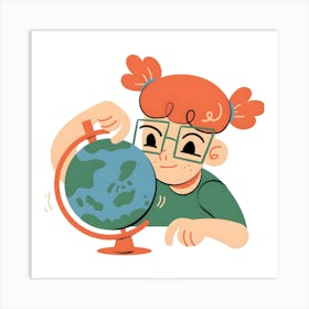 Girl Looking At The Globe Art Print