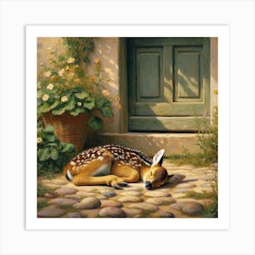 Baby deer fell asleep in front of my door Art Print