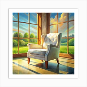 White Armchair In A Corner Room With Large Windows Art Print