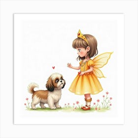 Watercolor Shih Tzu And A Little Girl Dressed As A Fairy Princess Art Print