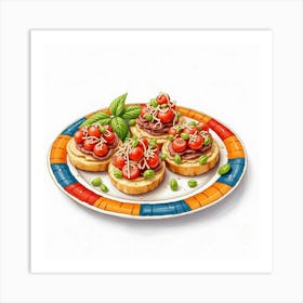 Watercolor Illustration Of Spanish Tapas Served On A Colorful Plate Art Print