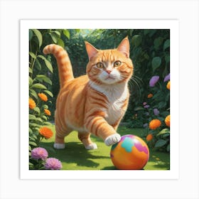 Orange Cat Playing Ball Art Print