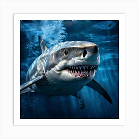 Watercolor Great White Shark Pale Blue Water Studio Photography Complex Details High Detail Art Print