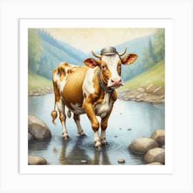 Cow By The Stream Art Print