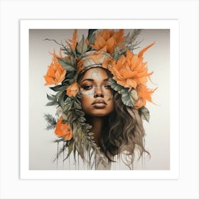 Woman With Flowers On Her Head 1 Art Print