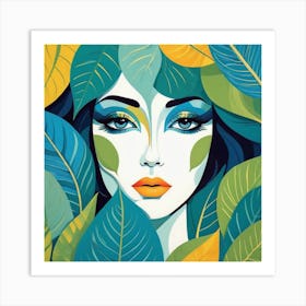 Woman In Green Leaves Art Print