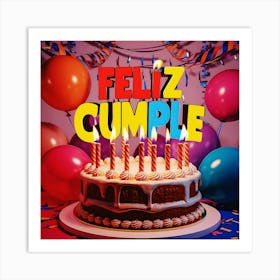 Feliz cumple and Feliz cumpleaños sign means Happy Birthday in Spanish language, Birthday party celebration gift with birthday cake candle colorful balloons best congratulation over light background wall artvFeliz Cumple Art Print