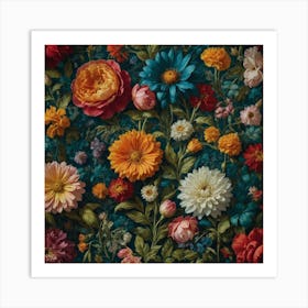 Flowers On A Blue Background Art Print