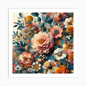 Vibrant Floral Collage Featuring Oversized Blossoms And Foliage, Style Mixed Media Collage 1 Art Print