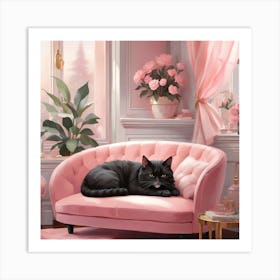 Cat Nap Tuxedo Cat Napping In Pink Interior Art Print 6 Art Print