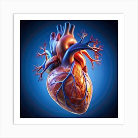 A detailed 3D illustration of a human heart with veins and arteries. Art Print