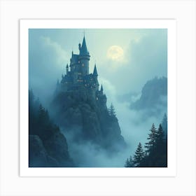 Wizard’S Tower Surrounded By Mystical Fog, Watercolor 1 Art Print