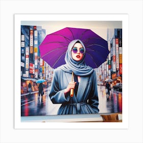 A Colorful and Realistic Portrait of a Woman in Hijab on a Rainy Tokyo Street Art Print