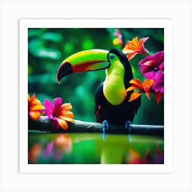 Tropical Lagoon Flowers with Green Billed Toucan Art Print