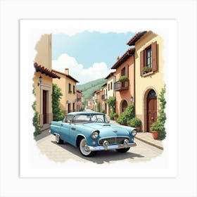 Classic Vehicle With A Charming Old Town Backdrop, Watercolor Painting 1 Art Print