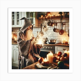 Wizard cooking a meal in a cozy modern kitchen 4 Art Print