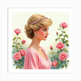 Watercolor Princess Diana In A Serene Scene Of Blooming Roses 1 Art Print