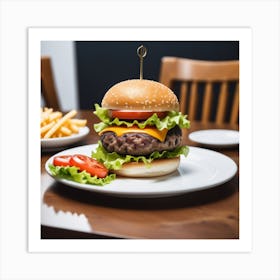 Hamburger On A Plate With Fries Art Print