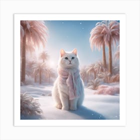 Digital Oil, Cat Wearing A Winter Coat, Whimsical And Imaginative, Soft Snowfall, Pastel Pinks, Blue (1) Art Print