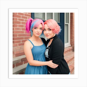 Girls Embracing In front of a Brick House Art Print