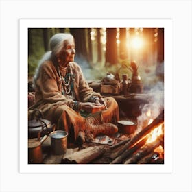 Elderly Native American Woman Sitting By Campfire Art Print