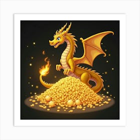 Golden Dragon Curled Around A Glowing Pile Of Treasure 1 Art Print